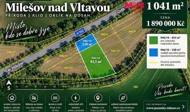 Prodej stavebního pozemku 1 041 m², Milešov, okres Příbram