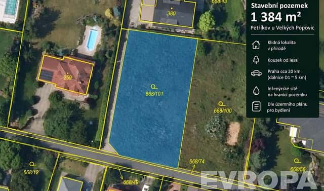 Prodej stavebního pozemku 1 384 m², Petříkov, okres Praha-východ