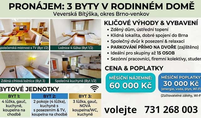 Pronájem domu 380 m² s pozemkem 762 m², náměstí Na Městečku, Veverská Bítýška, okres Brno-venkov