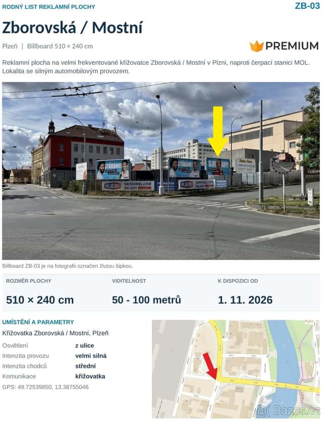 Billboard č.3 Plzeň Doudlevce, křižovatka Zborovská - Mostní, okres Plzeň-město