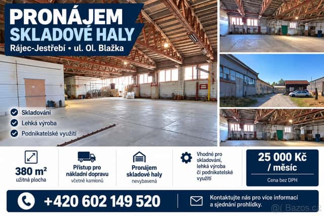 Pronájem skladové a výrobní haly 380 m² – Rájec-Jestřebí, okres Blansko