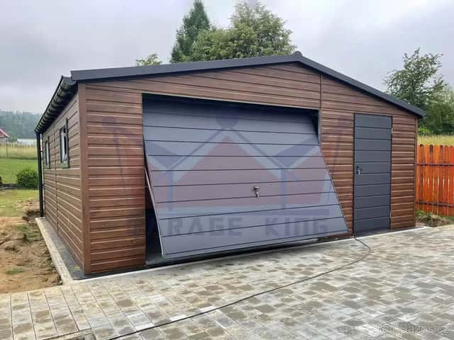 Plechová garáž 6×5 v imitaci dřeva tmavý ořech, okres Ostrava-město