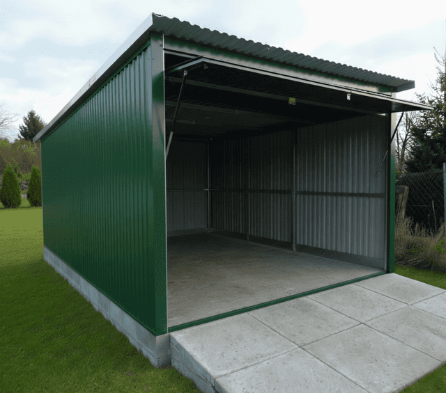Plechová garáž 3×5 m – světle hnědá/výklopná vrata „MAX 2“, okres Plzeň-město
