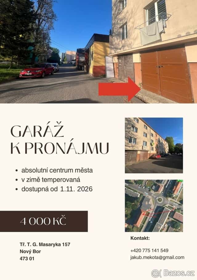 Pronájem temperované a bezpečné garáže T.G.M. 157, Nový Bor, okres Česká Lípa