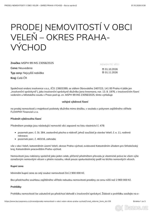 PRODEJ NEMOVITOSTÍ V OBCI VELEŇ – OKRES PRAHA-VÝCHOD, okres Praha-východ