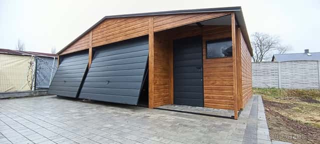 Plechová garáž imitace dřeva 6x6+2m kůlna, okres Hradec Králové