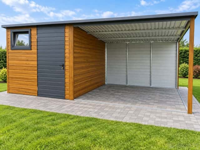 Zahradní domek 2,5×2,5m+přístřešek 3×2,5m „leskla PLAMENKA“, okres Třebíč