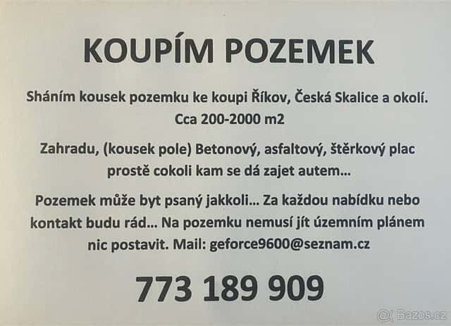 Pozemek Říkov, okres Náchod