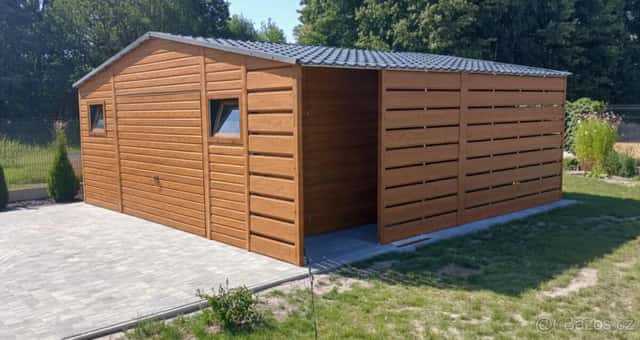 Plechová garáž 5×6 m – zlatý dub/Přístřešek „MAREK“, okres Praha-východ