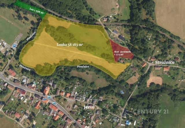 Unikátní soubor pozemků téměř 60.000 m ve Stružnici u řeky Ploučnice stavební část, louka a les., Stružnice, okres Česká Lípa
