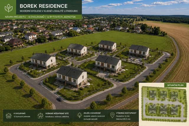 Developerský projekt Borek u Pardubic, 6 dvojdomků, 12 jednotek, pozemek 8 494 m², Borek, okres Pardubice