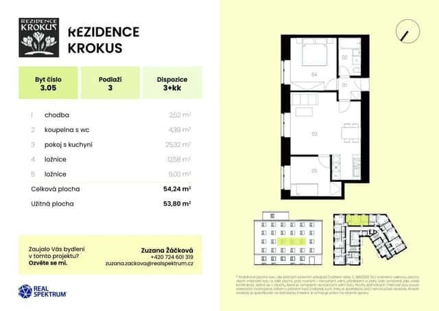 Prakticky řešený byt 3+kk 54 m v Rezidenci Krokus, Kuldova, Brno – Zábrdovice, okres Brno-město