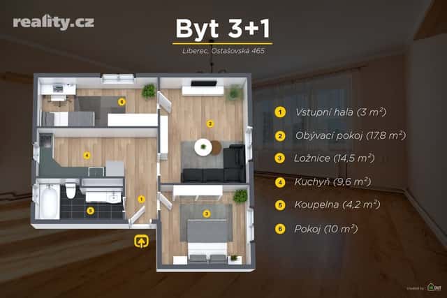 Prodej byt 3+1, 71 m², cihla, osobní, Ostašovská, Liberec – Růžodol I