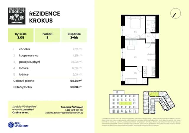 Prakticky řešený byt 3+kk 54 m2 v Rezidenci Krokus, Kuldova, Brno, okres Brno-město