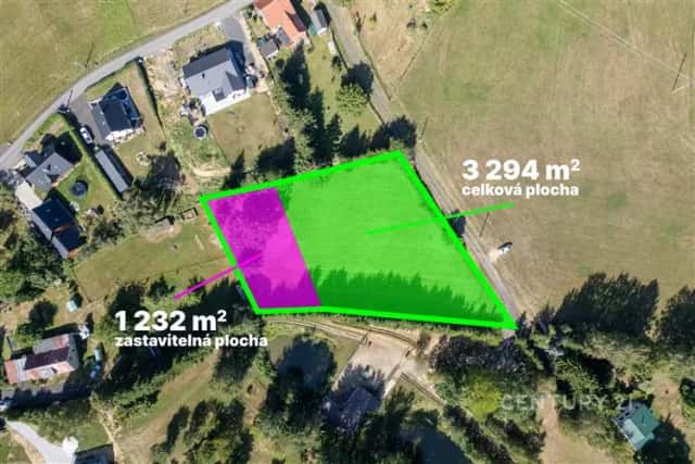 Prodej stavebního pozemku o celkové ploše 3294 m2 a zastavitelné ploše 1232 m2, Hrádek nad Nisou, okres Liberec