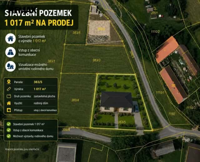 Prodej stavebního pozemku, 1017 m2 v Hořicích u Humpolce., Hořice, okres Pelhřimov
