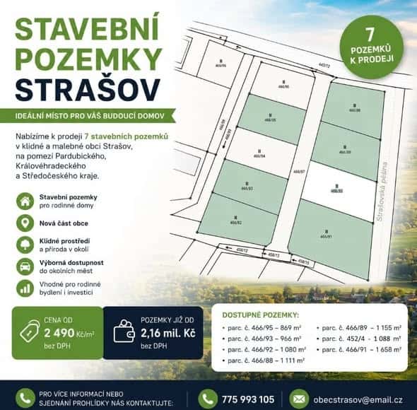 Prodej stavebních pozemků v obci Strašov, okres Pardubice