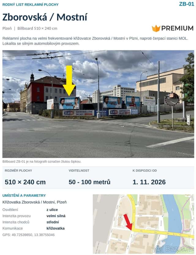 Billboard č.1 Plzeň Doudlevce, křižovatka Zborovská - Mostní, okres Plzeň-město